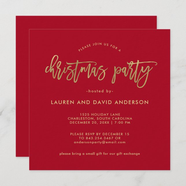 Invitation Script moderne | Fête de Noël Rouge et Faux Gold (Devant / Derrière)