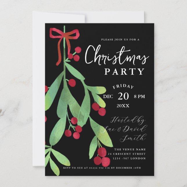 Invitation Script moderne Floral Mistletoe Xmas Fête Noir (Devant)