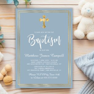 Invitation Script moderne Gold Cross Dusty Blue Boy Baptême