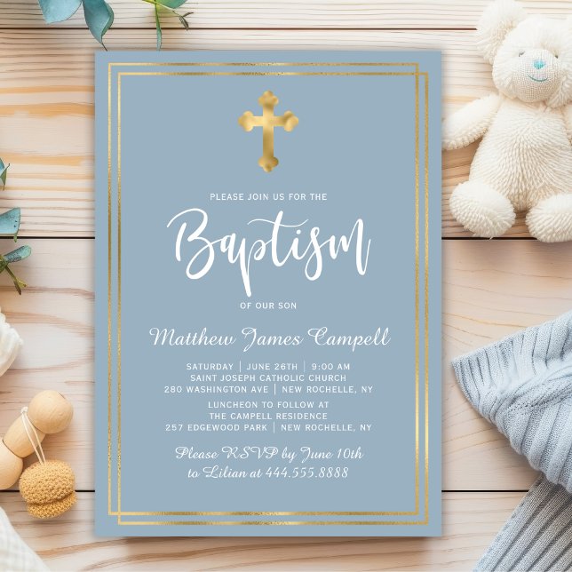 Invitation Script moderne Gold Cross Dusty Blue Boy Baptême (Créateur téléchargé)