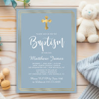 Script moderne Gold Cross Dusty Blue Boy Baptême
