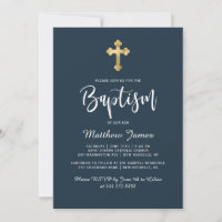 Script moderne Gold Cross Navy Blue Boy Baptême ga