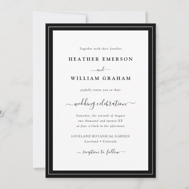Invitation Script moderne Mariage noir et blanc (Devant)