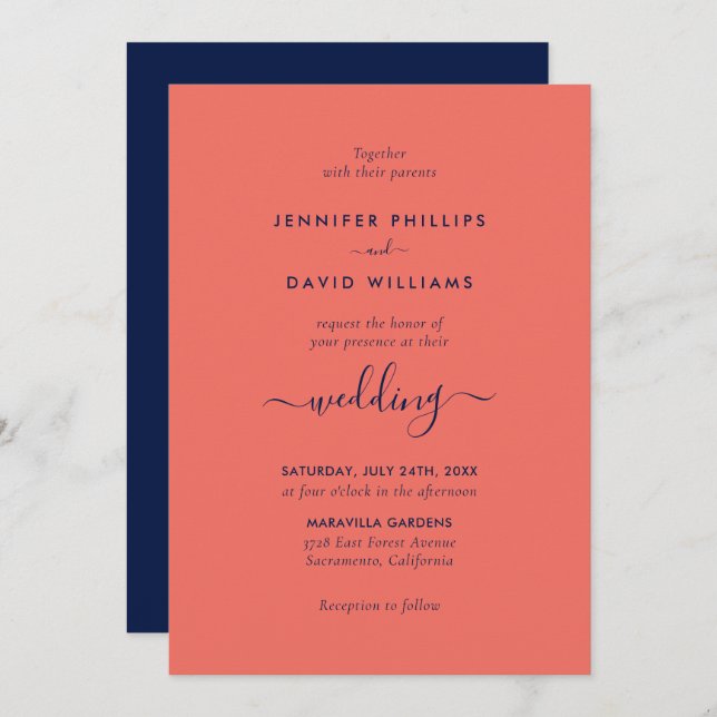Invitation Script moderne Marine bleu et Mariage de corail (Devant / Derrière)