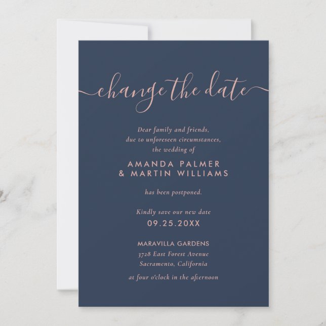 Invitation Script Moderne Marine Blush Changer La Date Mariag (Devant)
