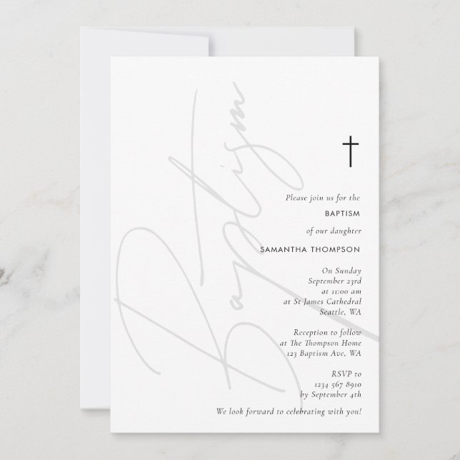 Invitation Script moderne minimaliste Baptême Christening (Devant)