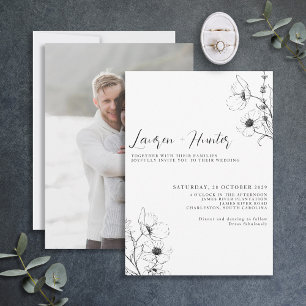 Invitation Script moderne noir blanc floral Mariage photo Inv