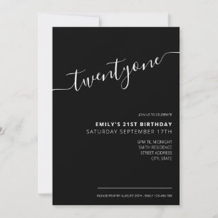 Invitation Script moderne noir élégant 21e anniversaire