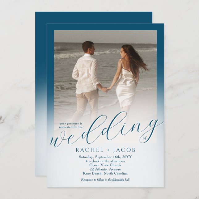 Invitation Script moderne Ocean Blue Ombre Mariage photo (Devant / Derrière)