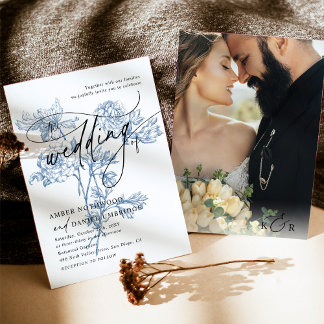 Invitation Script moderne Photo Mariage Floral bleu