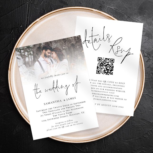 Invitation Script moderne QR Code photo tout en un Mariage (Front and back view, all in one invite, rsvp, details. Available digitally and printed)