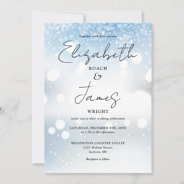 Invitation Script moderne QR Code Snowflakes Mariage hivernal (Devant)