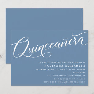 Invitation Script moderne, "Quinceanera", Bleu Dusty