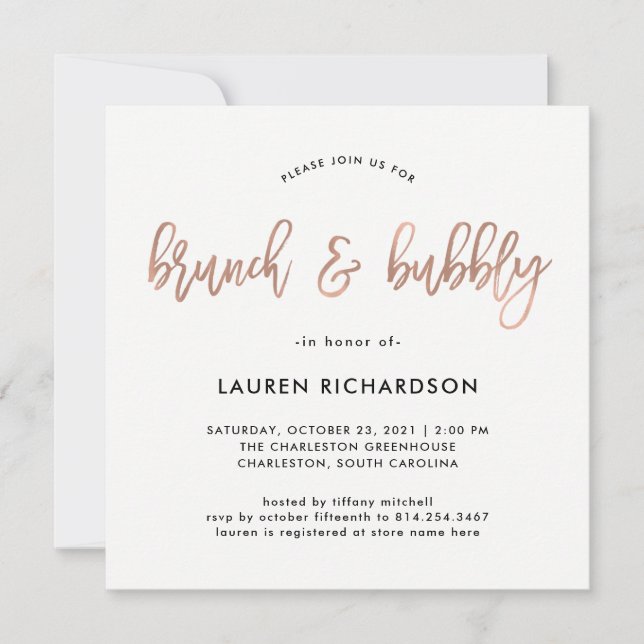 Invitation Script moderne | Rose Gold Brunch et Bubbly (Devant)
