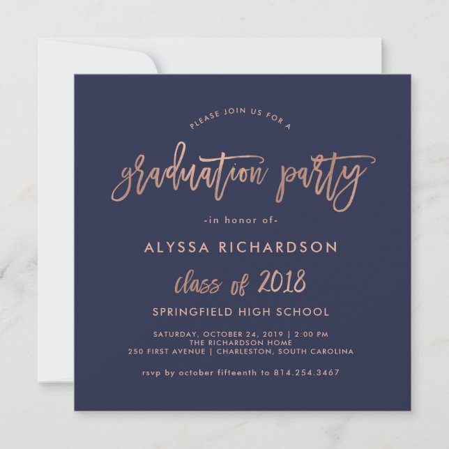 Invitation Script moderne | rose Gold du Parti de graduation  (Devant)