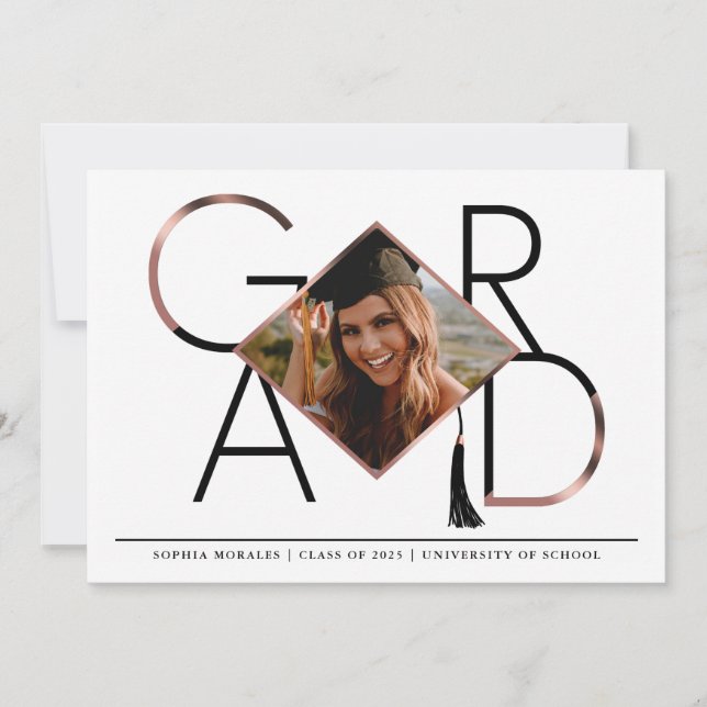 Invitation Script moderne Rose Gold Tassel Grad Photo Collage (Devant)