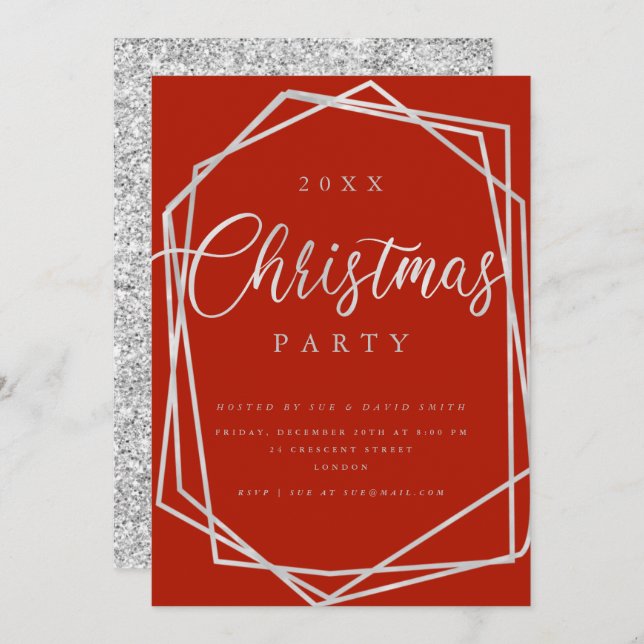 Invitation Script MODERNE Silver Red Frame Christmas Party (Devant / Derrière)
