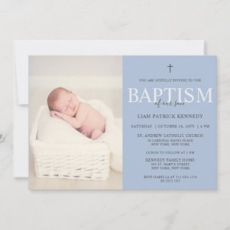 Invitation Script moderne simple Baptême bleu Dusty pour garç