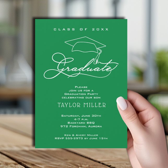 Invitation Script moderne sur Bright Green Graduation (Elegant white script and grad hat green graduation party invitations)