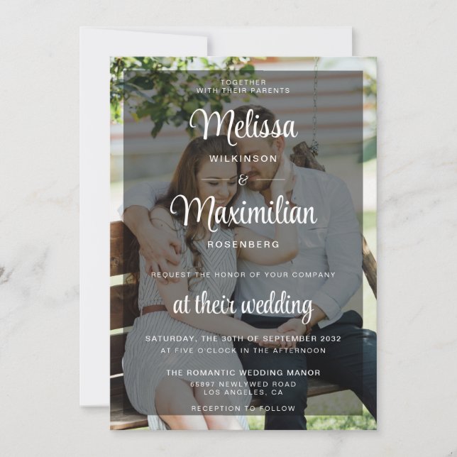 Invitation Script moderne transparent photo simple mariage (Devant)