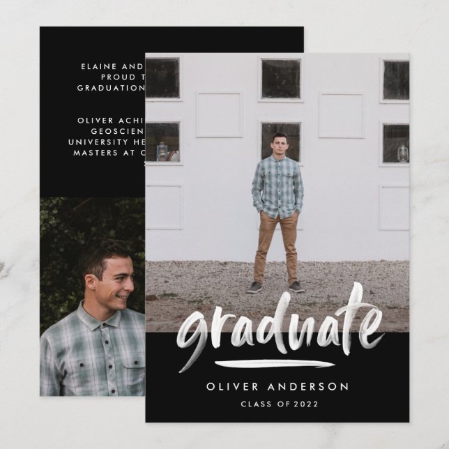 Invitation Script noir moderne 3 photo graduation stylisée (Devant / Derrière)