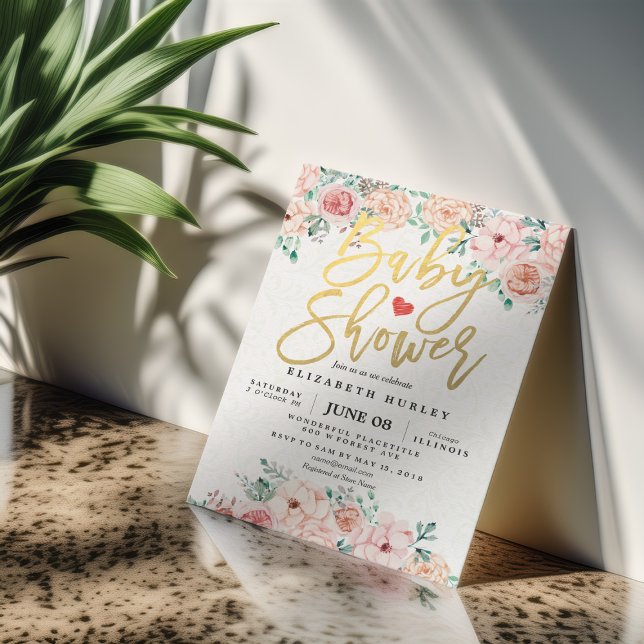 Invitation Script or et aquarelle Baby shower Floral Invitati (Créateur téléchargé)