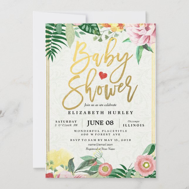 Invitation Script or et aquarelle Baby shower Floral Invitati (Devant)