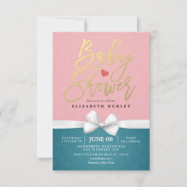 Invitation Script or et ruban blanc Baby shower bleu rose