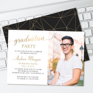 Invitation Script Or moderne noir & blanc photo de graduation