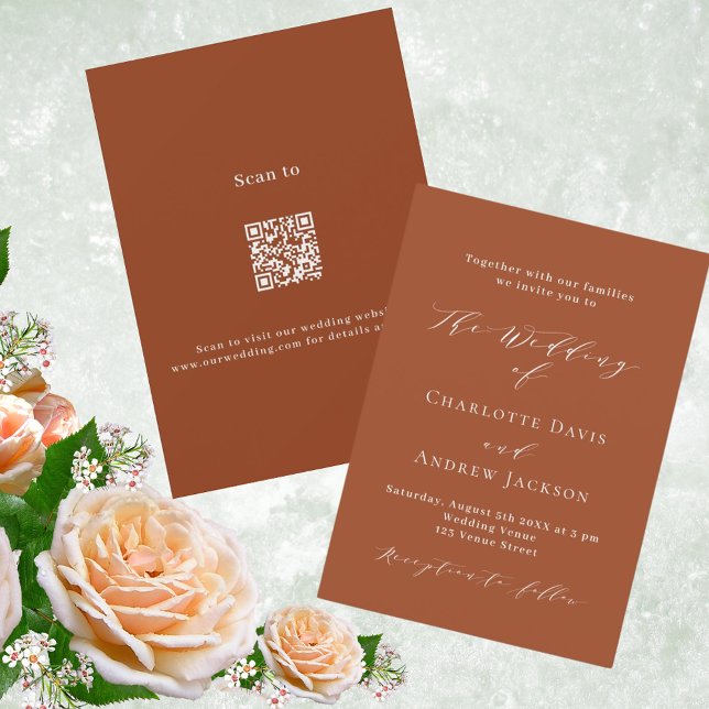 Invitation Script orange brûlé code QR moderne mariage RSVP (Créateur téléchargé)