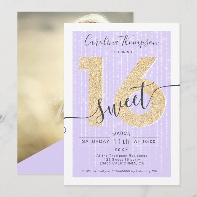 Invitation Script parties scintillant or chic lavande Sweet 1 (Devant / Derrière)