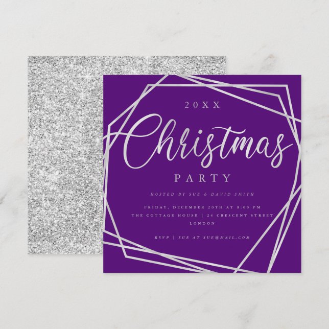Invitation Script Parties scintillant violet argenté fête de  (Devant / Derrière)