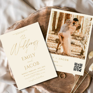 Invitation Script photo Cream Gold Mariage QR Code