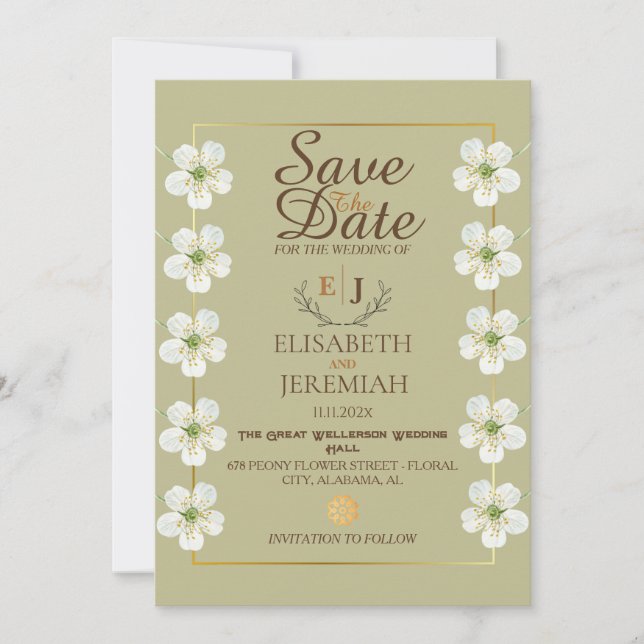 Invitation Script photo Mariage floral blanc Enregistrer la d (Devant)
