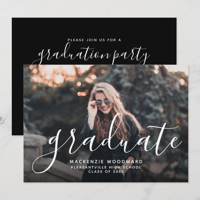 Invitation Script photo personnalisé Black Graduation Party (Devant / Derrière)