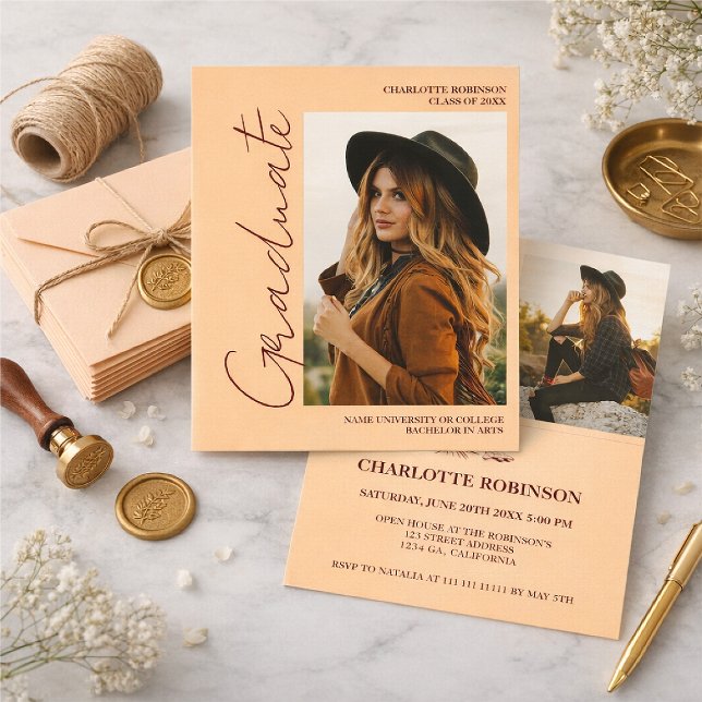 Invitation Script retro Light Peach graduate photo graduation (Créateur téléchargé)