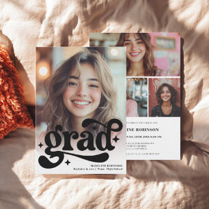 Invitation Script rétro noir blanc 4 photo Graduation