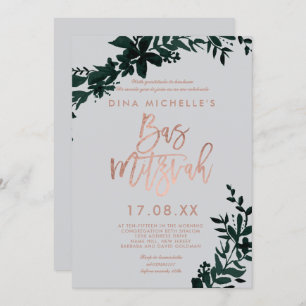 Invitation Script rose or floral vert gris bas mitzvah