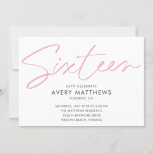 Invitation Script rose vif Moderne Doux 16 Anniversaire