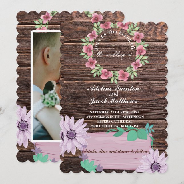 Invitation Script Rustique à fleurs en bois et mariage photo (Devant / Derrière)