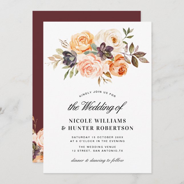 Invitation Script rustique automne mariage floral (Devant / Derrière)