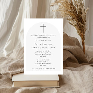 Invitation Script simple élégant Noir & Blanc Arc Baptême