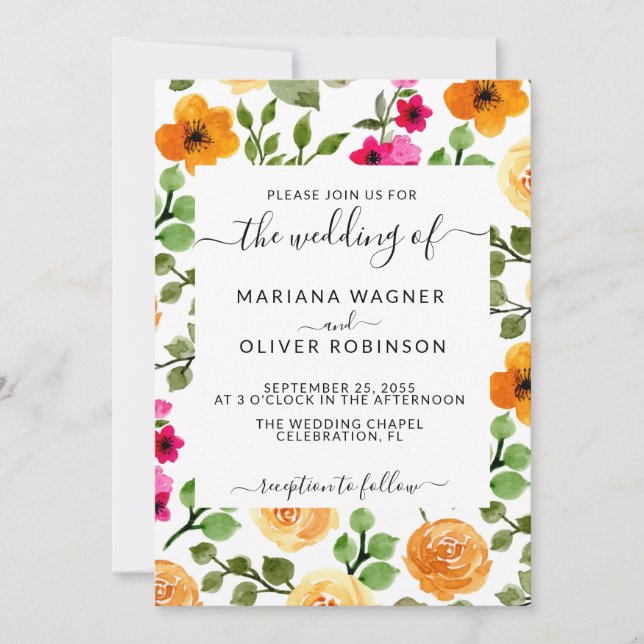 Invitation Script simple floral rose et orange (Devant)