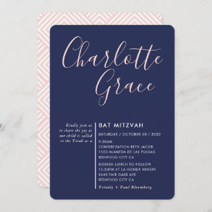 Invitation SCRIPT SIMPLE marine Bat mitzvah moderne bleu rose