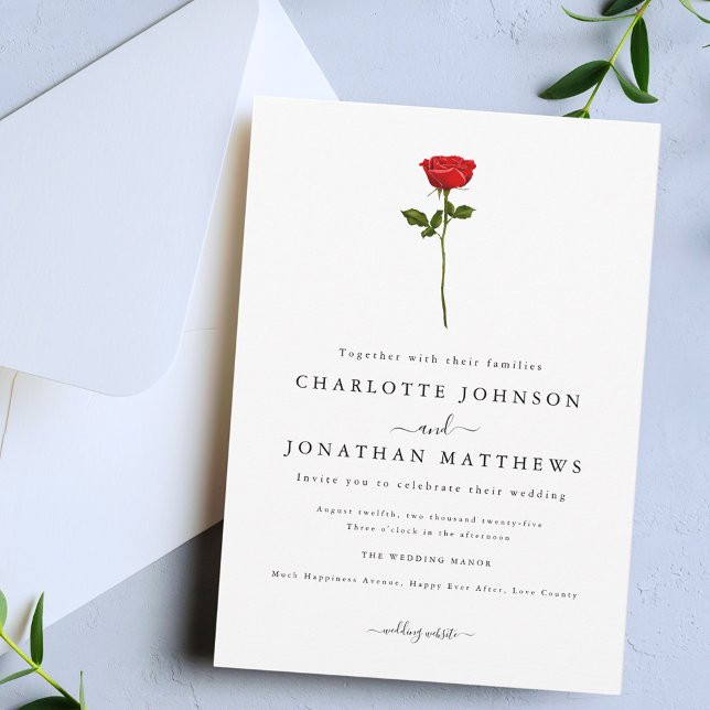Invitation Script simple Rose rouge élégant (Simple red rose elegant modern wedding invitation Watercolor floral stylish script)
