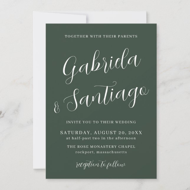 Invitation Script simple vert foncé et Mariage blanc (Devant)