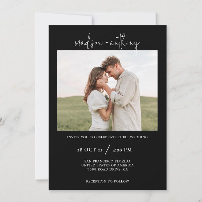 Invitation Script stylish noir simple avec Mariage photo (Devant)