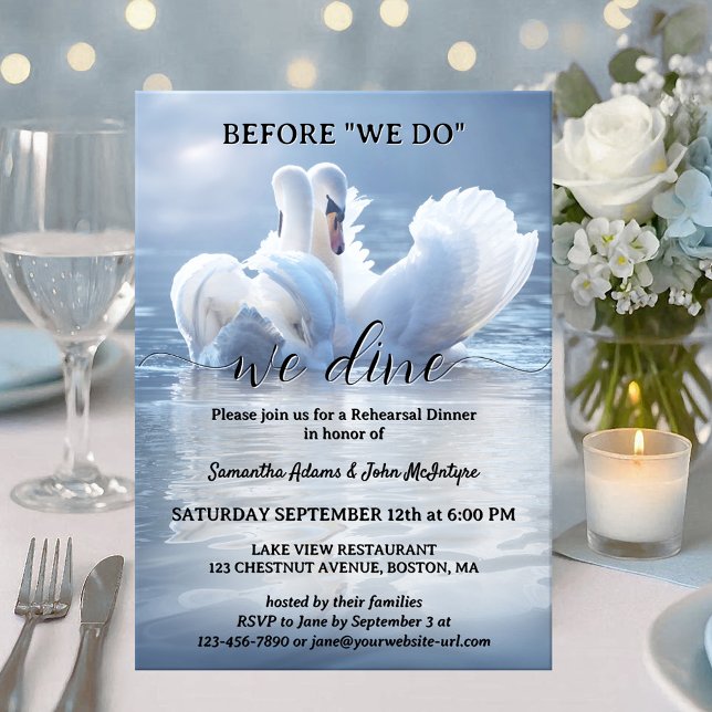 Invitation Script Swan Lake Wedding Rehearsal Dinner (Romantic Wedding Rehearsal Dinner invitation featuring two swans in love on a sunlit lake.)