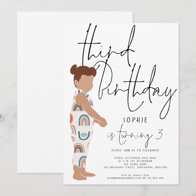 Invitation Script tendance fille Rainbows Cool enfants 3e ann (Devant / Derrière)