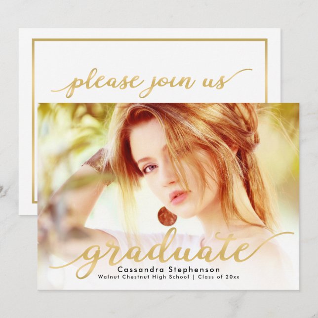 Invitation Script tendance Moderne Gold Photo Graduation (Devant / Derrière)